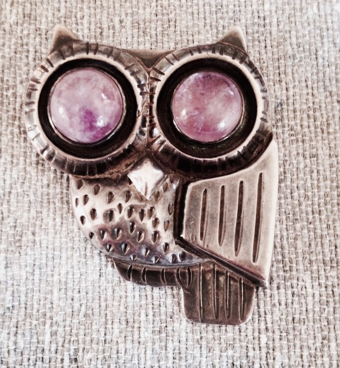 1950's vintage Spratling owl pin with amethyst eyes