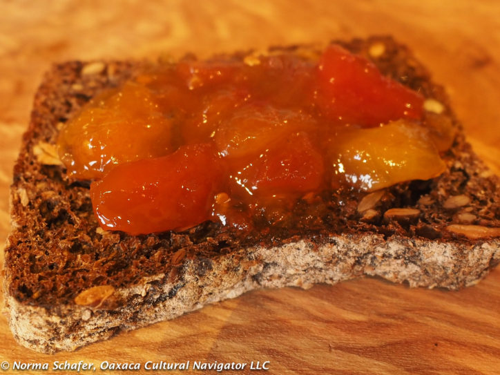 Tropical Fruit + Tomato Ginger Chutney atop Boulanc's walnut infused rye bread