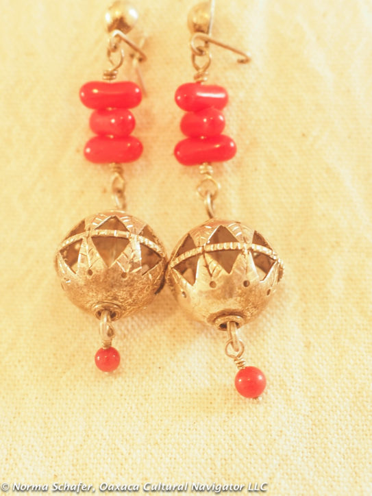 Patzcuaro, Michoacan. Handmade silver and coral dangle earrings, $110