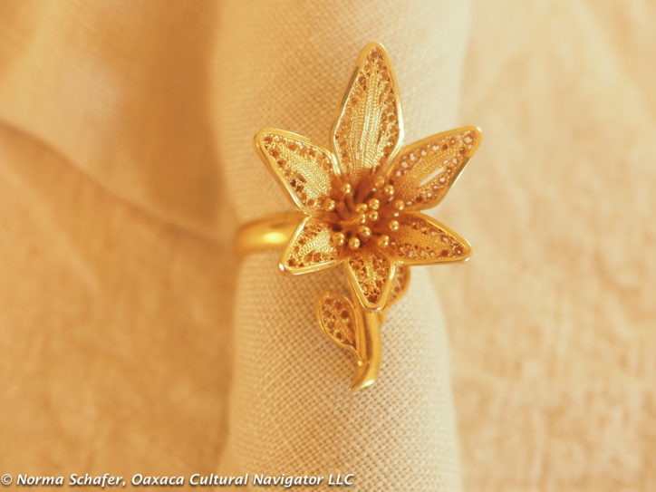 10K Gold filigree ring, Veracruz, size 4-1/2, with 1" flower, $95