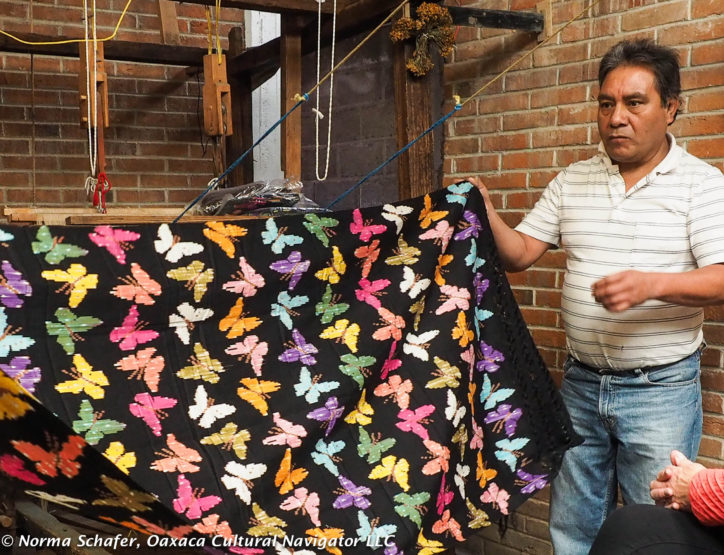 Tenancingo weaver Jesus Zarate with his amazing ikat butterfly rebozo